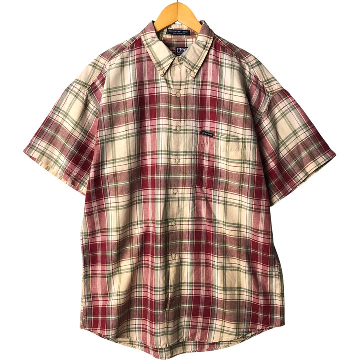 90'S Ralph Lauren CHAPS Tartan Check Short Sleeve Linen Button Down Shirt Men's Size L Vintage linen wine-red Vintage Second Hand