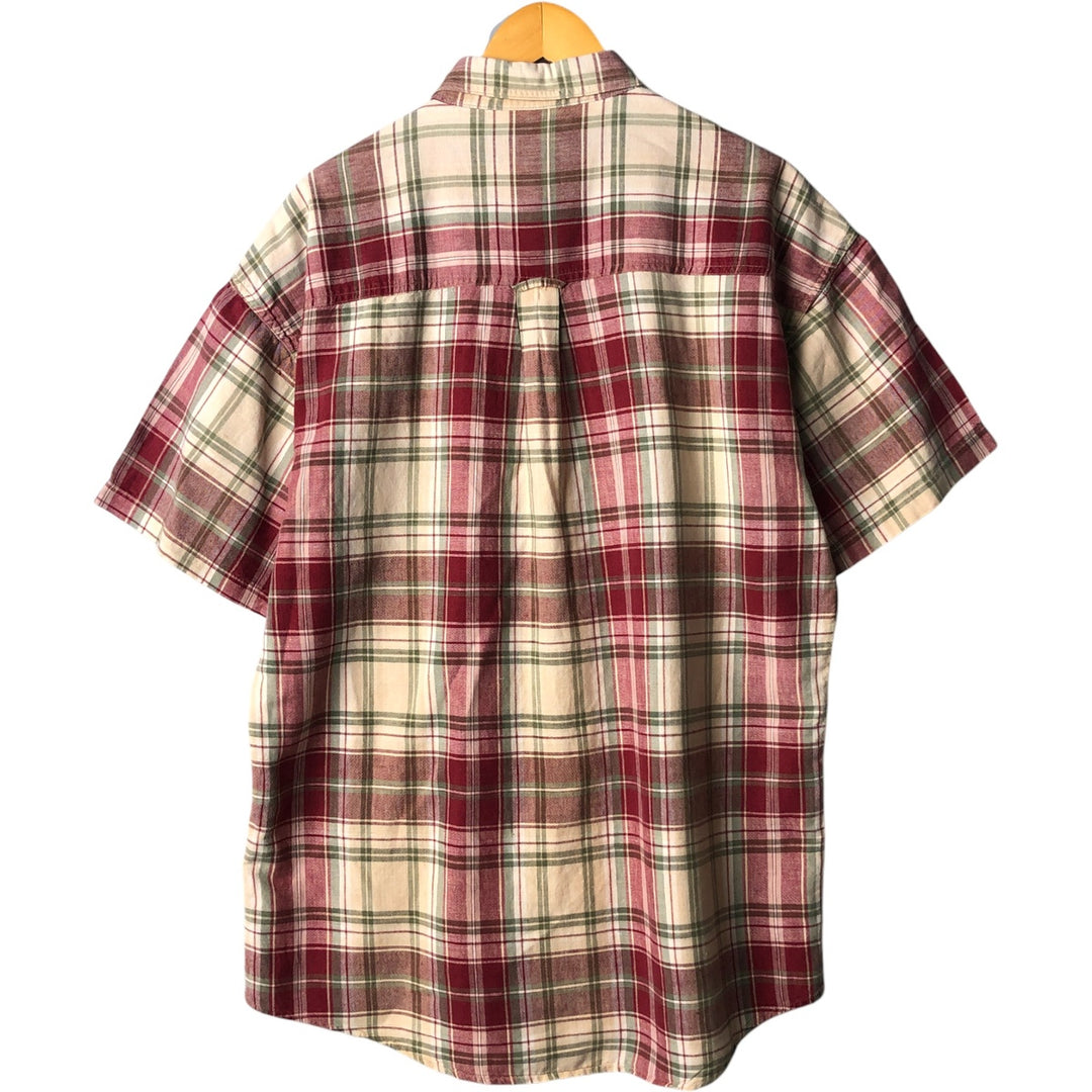 90'S Ralph Lauren CHAPS Tartan Check Short Sleeve Linen Button Down Shirt Men's Size L Vintage linen wine-red Vintage Second Hand