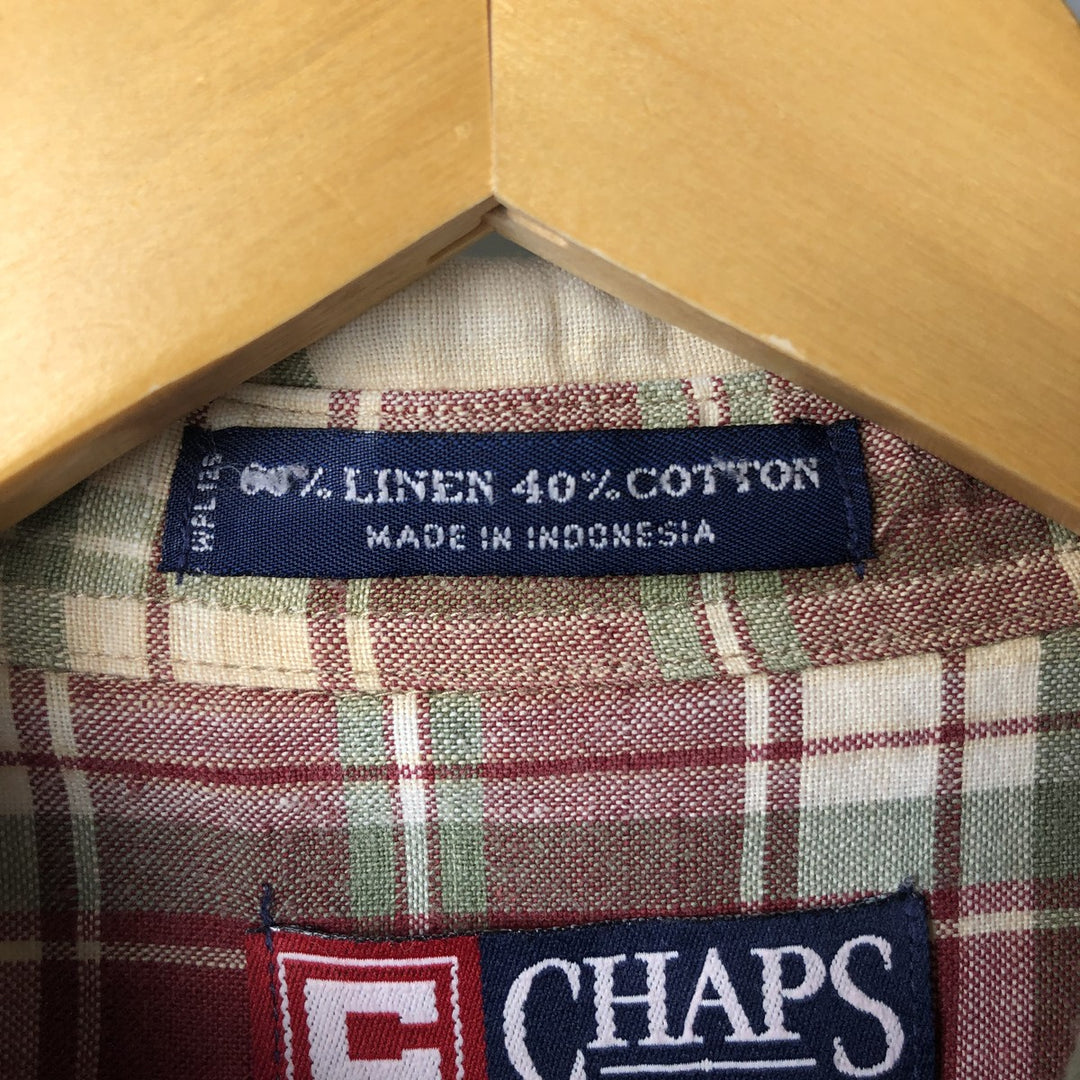 90'S Ralph Lauren CHAPS Tartan Check Short Sleeve Linen Button Down Shirt Men's Size L Vintage linen wine-red Vintage Second Hand