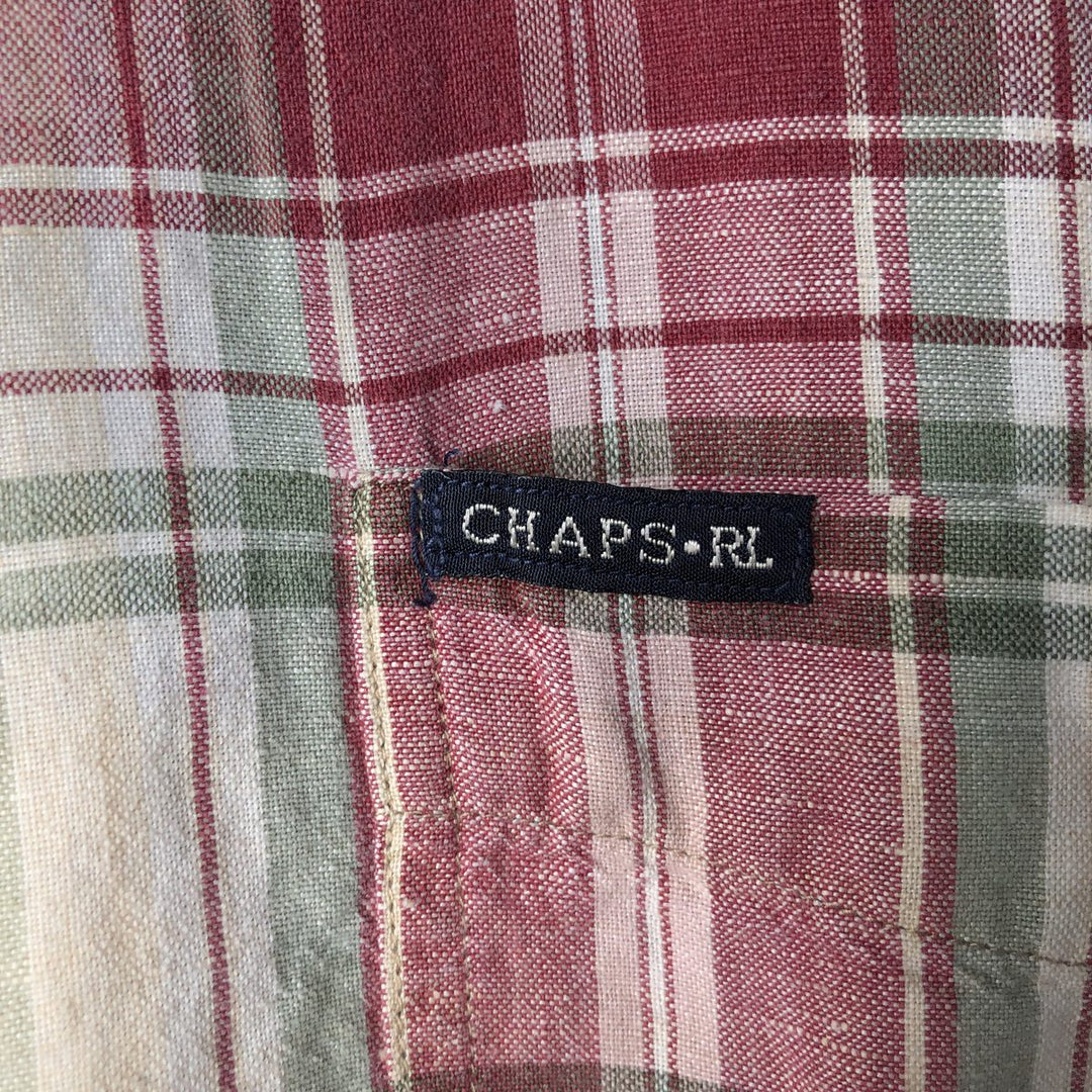 90'S Ralph Lauren CHAPS Tartan Check Short Sleeve Linen Button Down Shirt Men's Size L Vintage linen wine-red Vintage Second Hand
