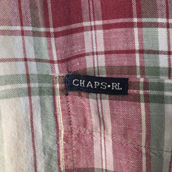 90'S Ralph Lauren CHAPS Tartan Check Short Sleeve Linen Button Down Shirt Men's Size L Vintage linen wine-red Vintage Second Hand