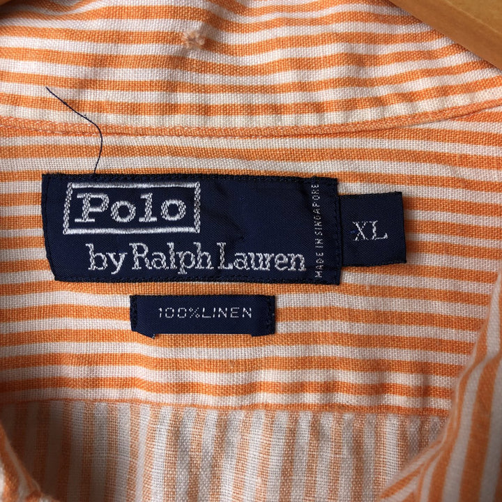 Ralph Lauren Stripe Pattern Short Sleeve Open Collar Linen Shirt Box Shirt Men's XL linen orange type Vintage Second Hand