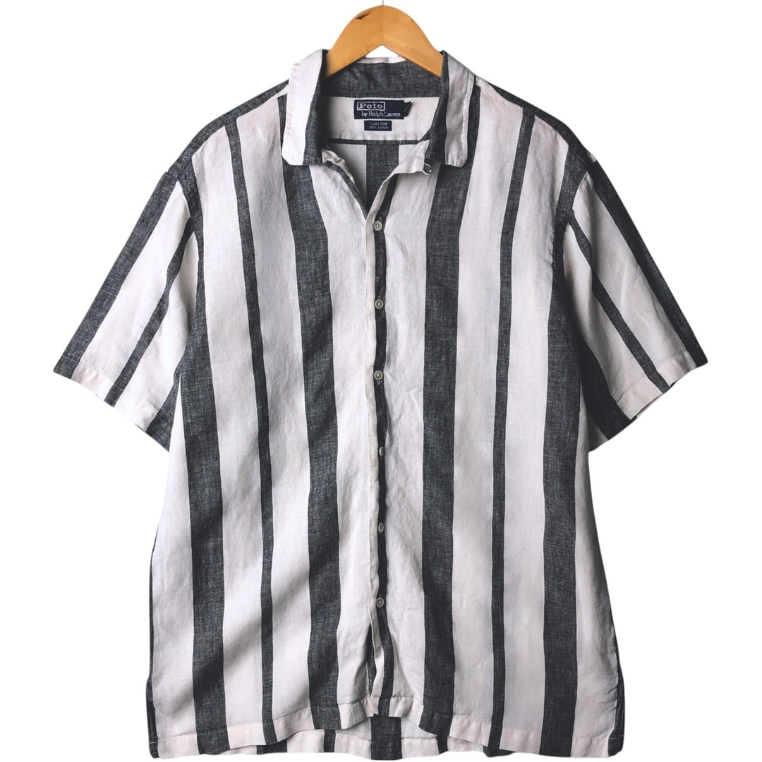 Ralph Lauren CLAYTON Stripe Pattern Short Sleeve Open Collar Linen Shirt Box Shirt Men's L Size linen white type Vintage Second Hand