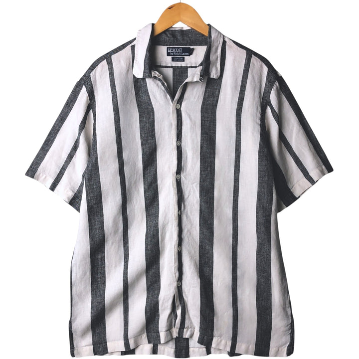 Ralph Lauren CLAYTON Stripe Pattern Short Sleeve Open Collar Linen Shirt Box Shirt Men's L Size linen white type Vintage Second Hand