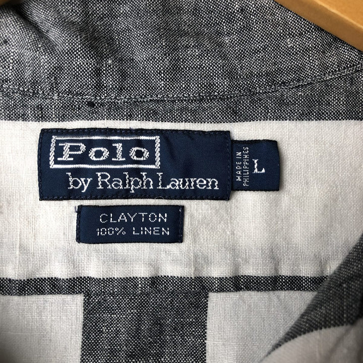 Ralph Lauren CLAYTON Stripe Pattern Short Sleeve Open Collar Linen Shirt Box Shirt Men's L Size linen white type Vintage Second Hand