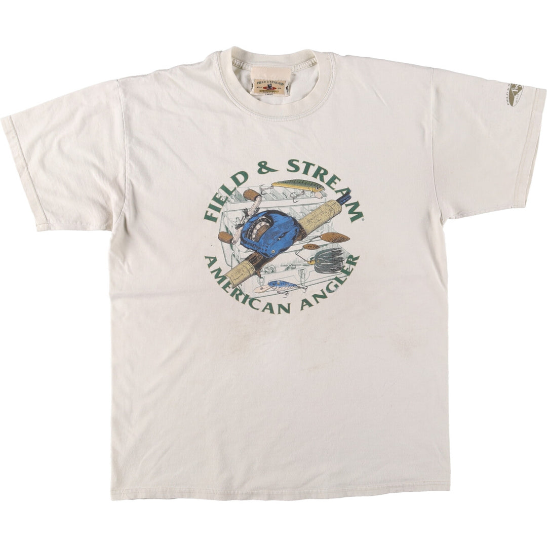 FIELD and STREAM Printed T-Shirt, Made in USA, Men's Size L cotton pale white type Vintage Second Hand