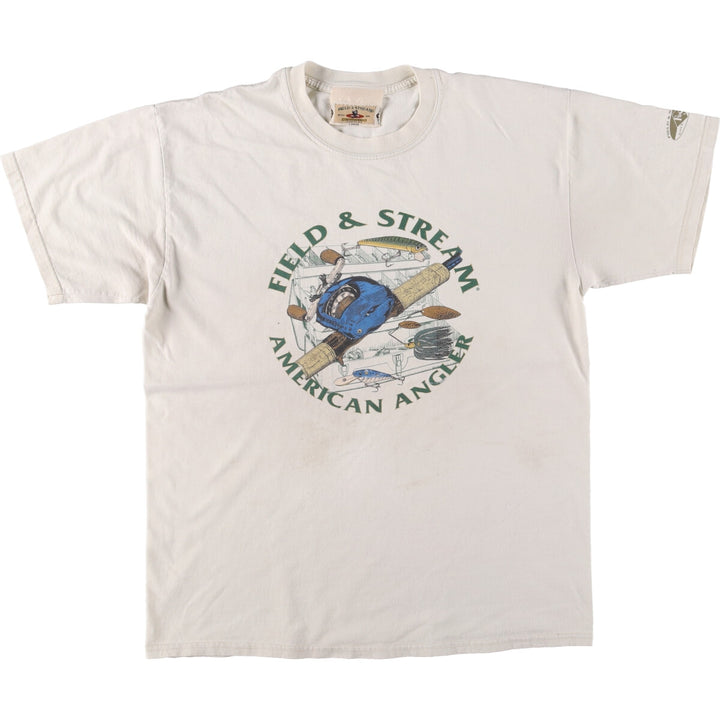 FIELD and STREAM Printed T-Shirt, Made in USA, Men's Size L cotton pale white type Vintage Second Hand