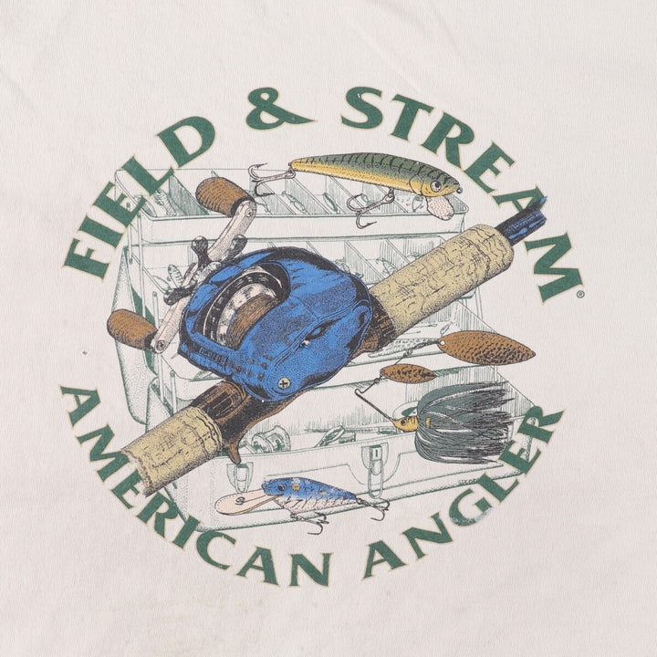 FIELD and STREAM Printed T-Shirt, Made in USA, Men's Size L cotton pale white type Vintage Second Hand