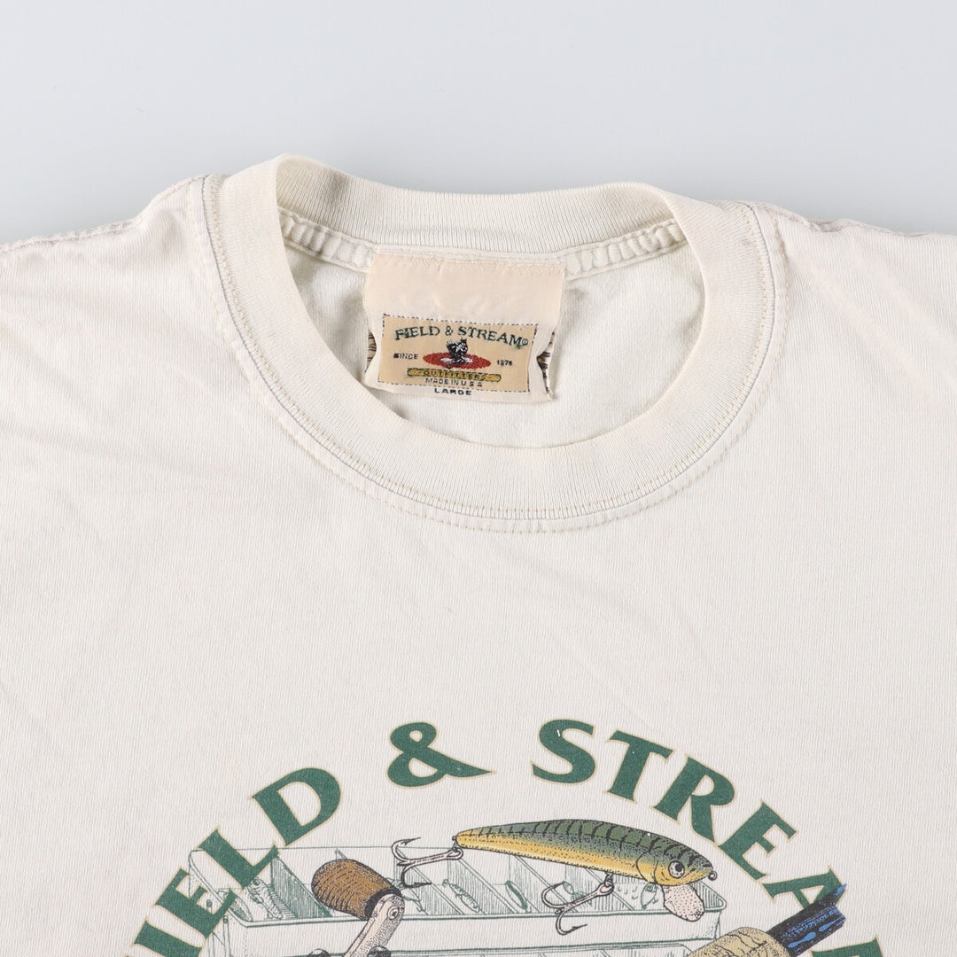 FIELD and STREAM Printed T-Shirt, Made in USA, Men's Size L cotton pale white type Vintage Second Hand