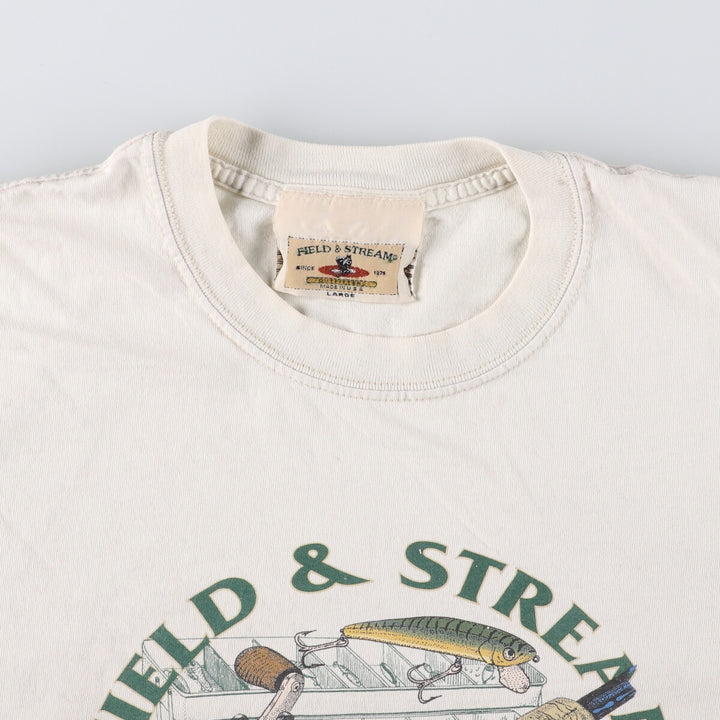 FIELD and STREAM Printed T-Shirt, Made in USA, Men's Size L cotton pale white type Vintage Second Hand