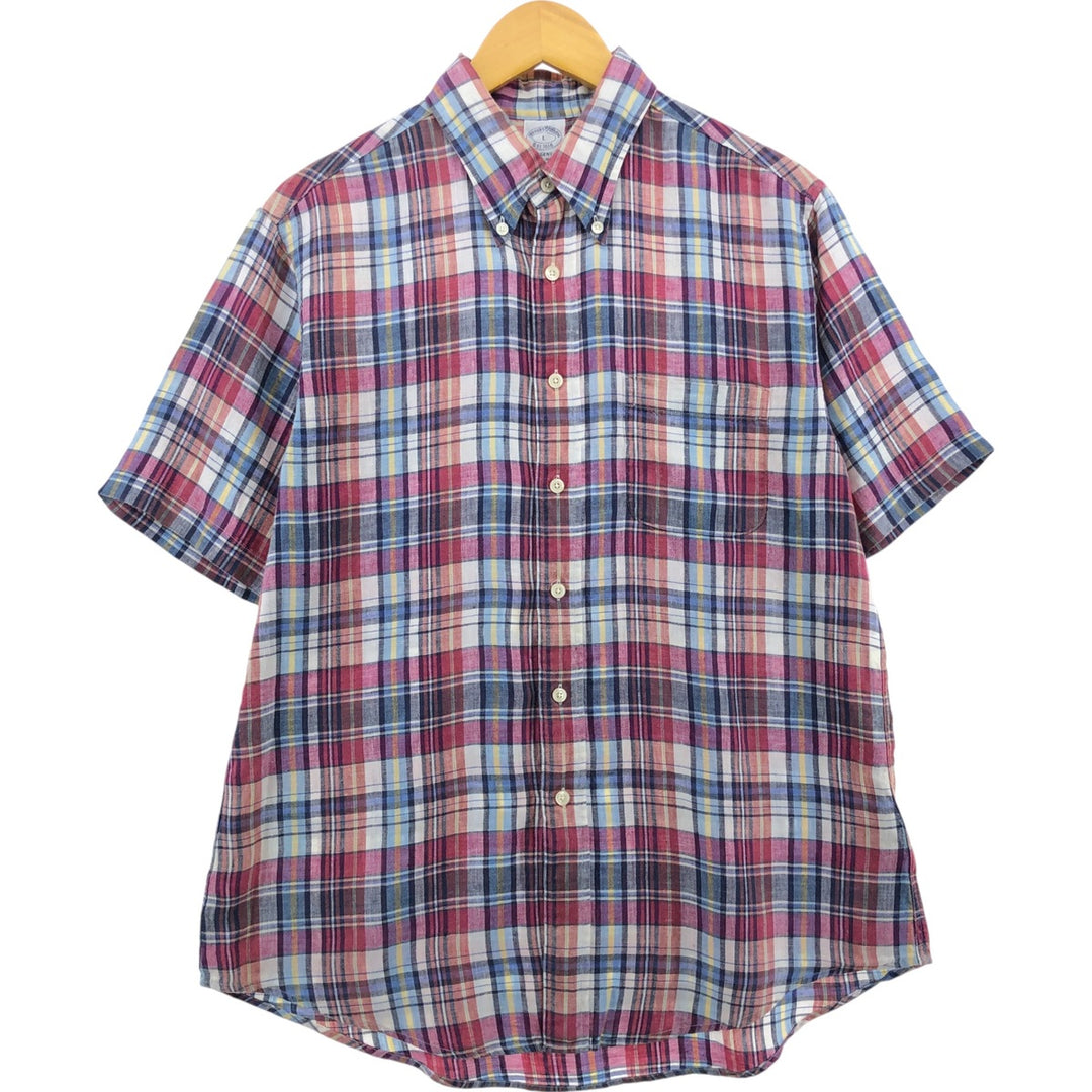 Brooks Brothers Est. 1818 Button-Down Check Pattern Short Sleeve Linen Shirt, Men's Size L linen red type Vintage Second Hand