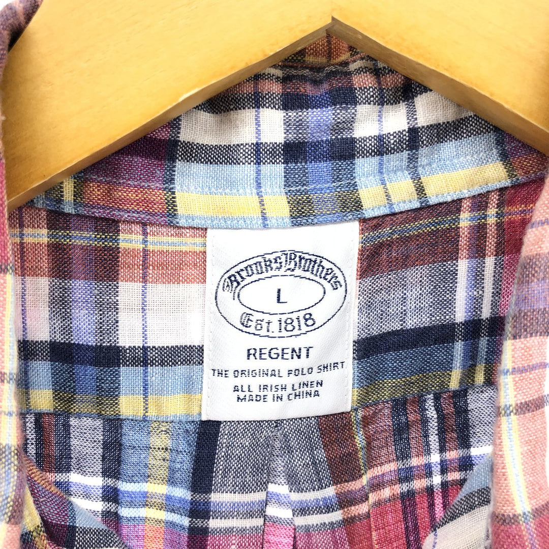 Brooks Brothers Est. 1818 Button-Down Check Pattern Short Sleeve Linen Shirt, Men's Size L linen red type Vintage Second Hand