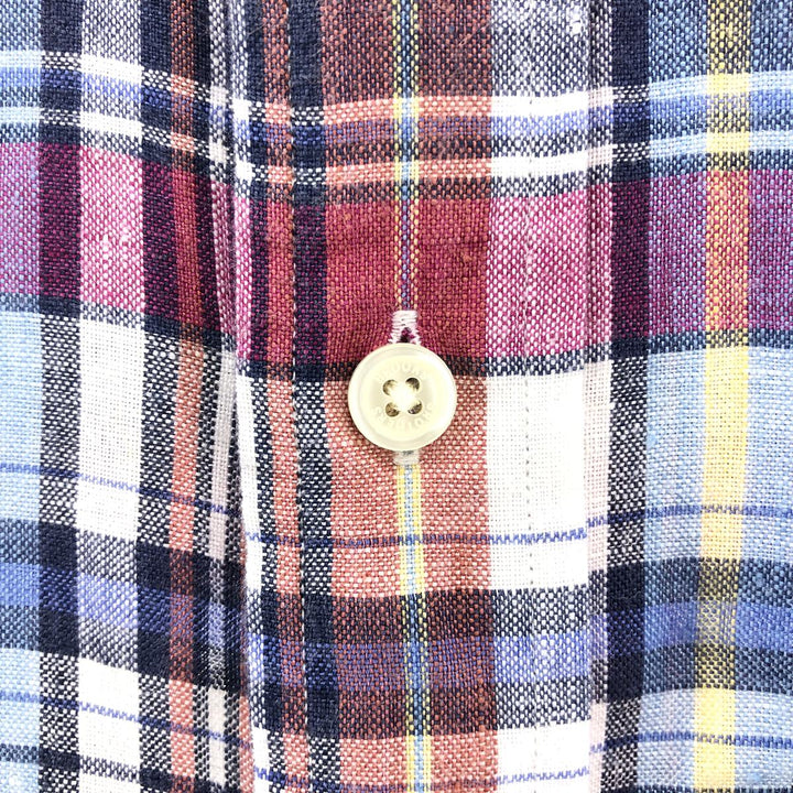 Brooks Brothers Est. 1818 Button-Down Check Pattern Short Sleeve Linen Shirt, Men's Size L linen red type Vintage Second Hand
