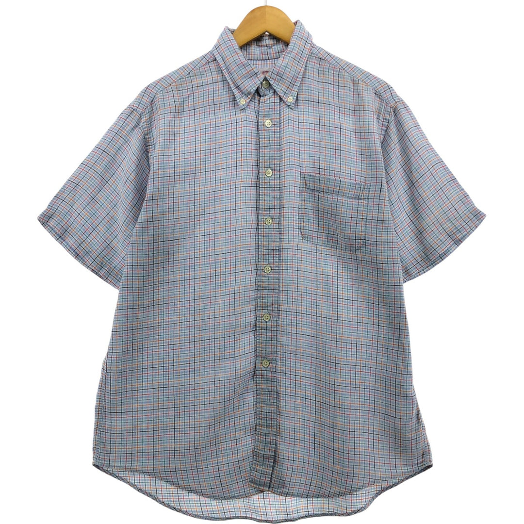Brooks Brothers 346 Check Pattern Short Sleeve Linen Button-Down Shirt, Men's Size Medium linen blue type Vintage Second Hand