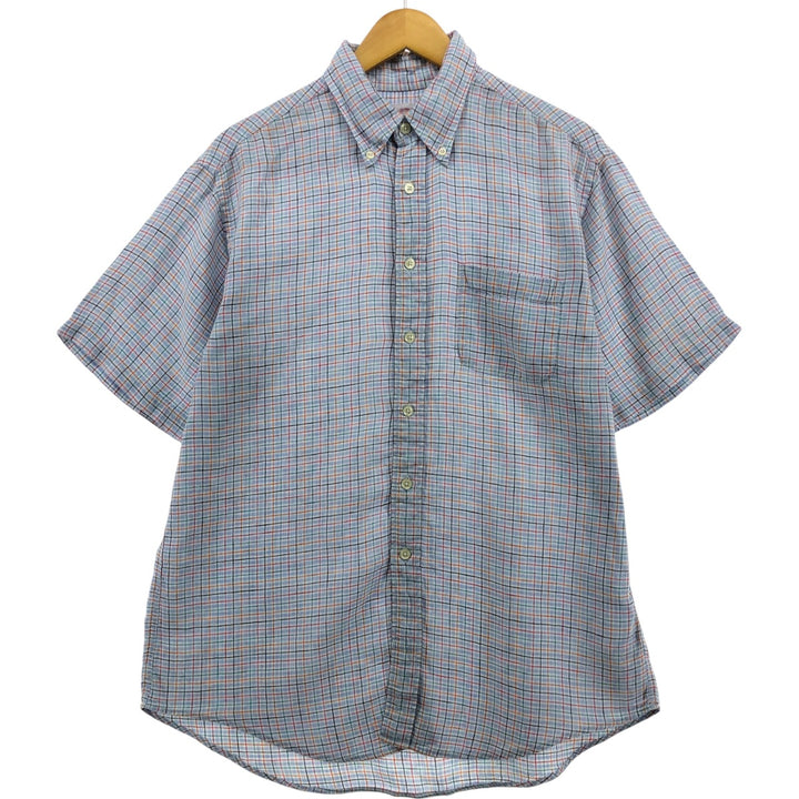 Brooks Brothers 346 Check Pattern Short Sleeve Linen Button-Down Shirt, Men's Size Medium linen blue type Vintage Second Hand