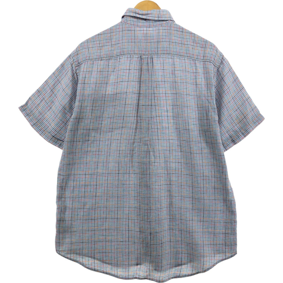 Brooks Brothers 346 Check Pattern Short Sleeve Linen Button-Down Shirt, Men's Size Medium linen blue type Vintage Second Hand