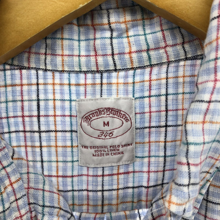 Brooks Brothers 346 Check Pattern Short Sleeve Linen Button-Down Shirt, Men's Size Medium linen blue type Vintage Second Hand