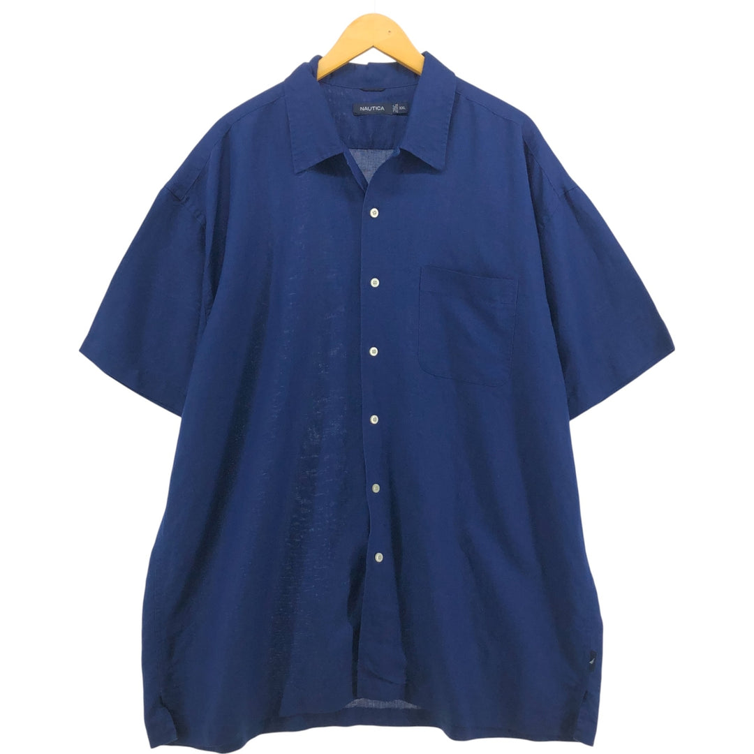 NAUTICA Short Sleeve Open Collar Rayon and Linen Box Shirt, Men's XXL linen navy blue type Vintage Second Hand