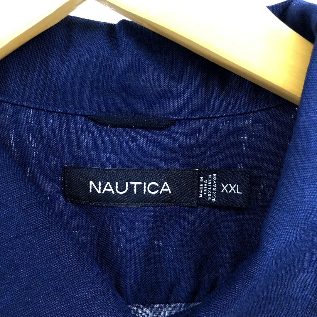 NAUTICA Short Sleeve Open Collar Rayon and Linen Box Shirt, Men's XXL linen navy blue type Vintage Second Hand