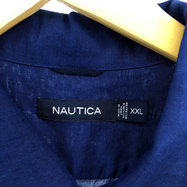 NAUTICA Short Sleeve Open Collar Rayon and Linen Box Shirt, Men's XXL linen navy blue type Vintage Second Hand