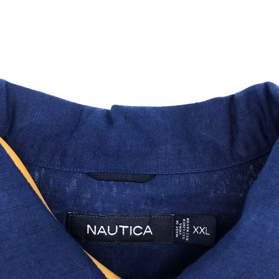 NAUTICA Short Sleeve Open Collar Rayon and Linen Box Shirt, Men's XXL linen navy blue type Vintage Second Hand