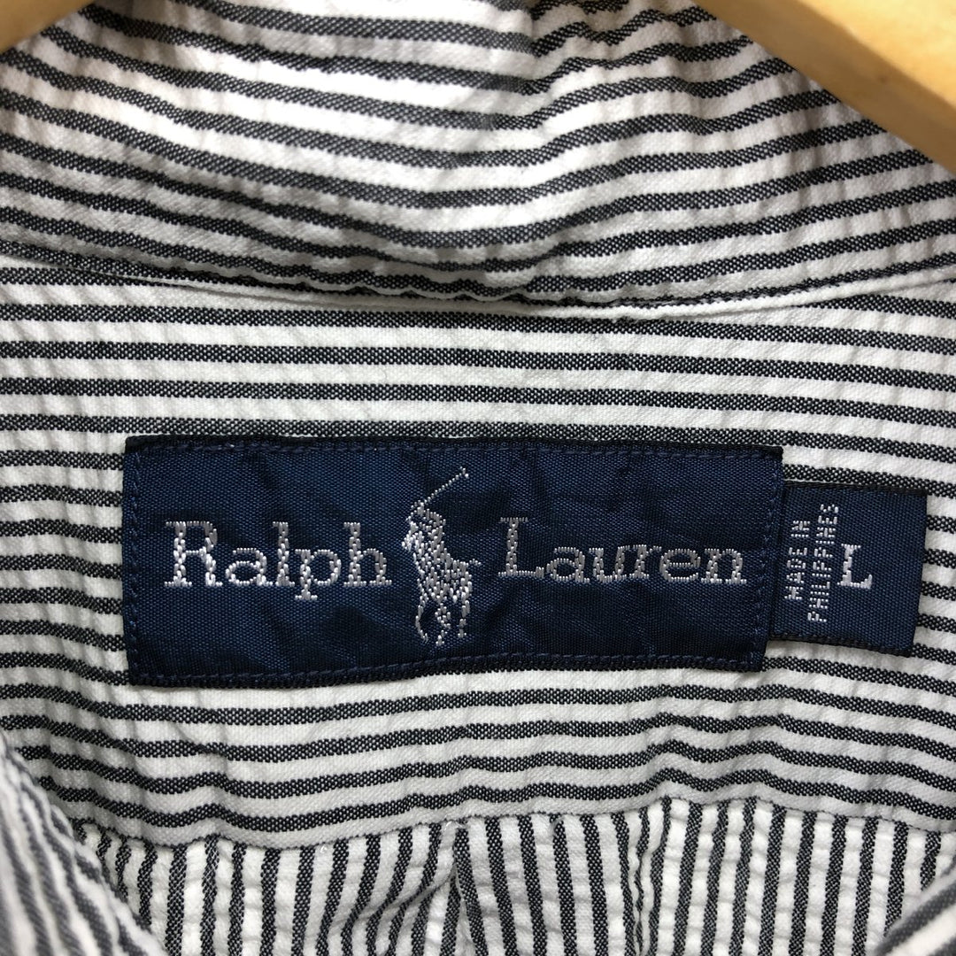 Ralph Lauren Seersucker Short Sleeve Button-Down Striped Shirt, Men's Size L cotton Khaki type Vintage Second Hand