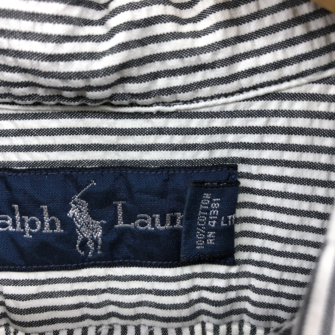 Ralph Lauren Seersucker Short Sleeve Button-Down Striped Shirt, Men's Size L cotton Khaki type Vintage Second Hand