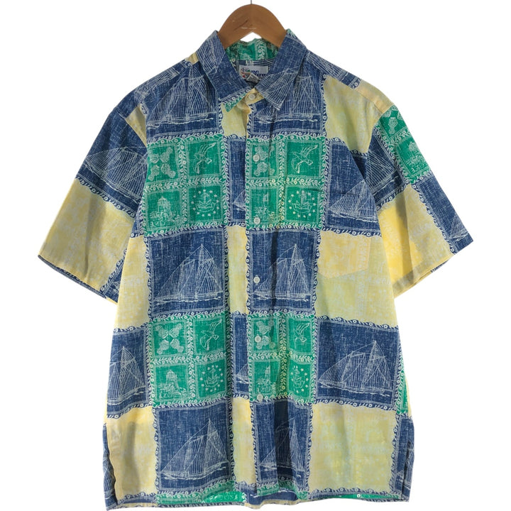 90'S Reyn Spooner swimsuit tag, bikini tag, all-over print, Hawaiian aloha shirt, box shirt, men's size L, vintage cotton blue type Vintage Second Hand