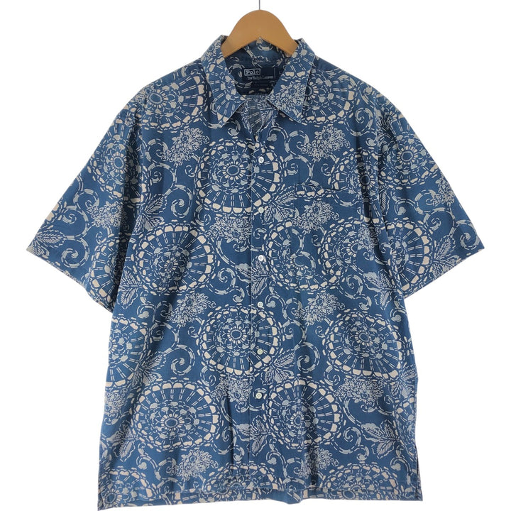 POLO by Ralph Lauren All-over Pattern Open Collar Hawaiian Aloha Shirt Box Shirt Men's L Size cotton blue type Vintage Second Hand