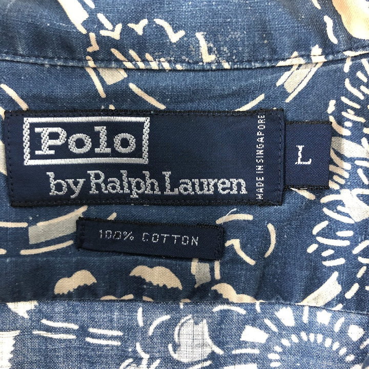 POLO by Ralph Lauren All-over Pattern Open Collar Hawaiian Aloha Shirt Box Shirt Men's L Size cotton blue type Vintage Second Hand