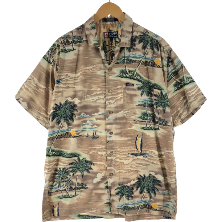 90'S Ralph Lauren Chaps, all-over print, open collar, rayon, Hawaiian Aloha shirt, box shirt, men's size L Rayon beige type brown Vintage Second Hand