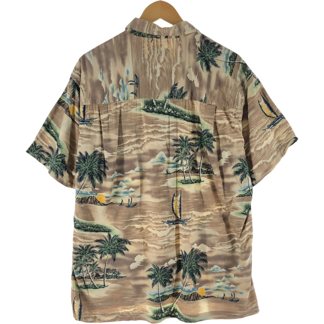 90'S Ralph Lauren Chaps, all-over print, open collar, rayon, Hawaiian Aloha shirt, box shirt, men's size L Rayon beige type brown Vintage Second Hand