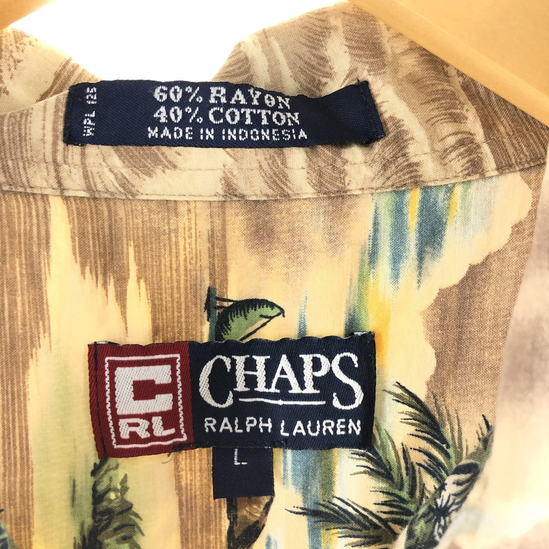 90'S Ralph Lauren Chaps, all-over print, open collar, rayon, Hawaiian Aloha shirt, box shirt, men's size L Rayon beige type brown Vintage Second Hand
