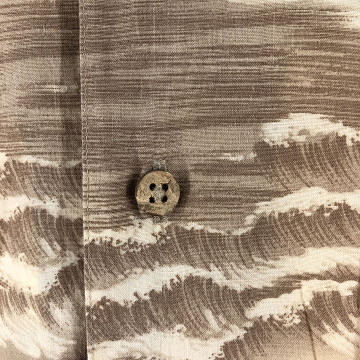 90'S Ralph Lauren Chaps, all-over print, open collar, rayon, Hawaiian Aloha shirt, box shirt, men's size L Rayon beige type brown Vintage Second Hand
