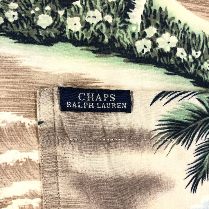90'S Ralph Lauren Chaps, all-over print, open collar, rayon, Hawaiian Aloha shirt, box shirt, men's size L Rayon beige type brown Vintage Second Hand