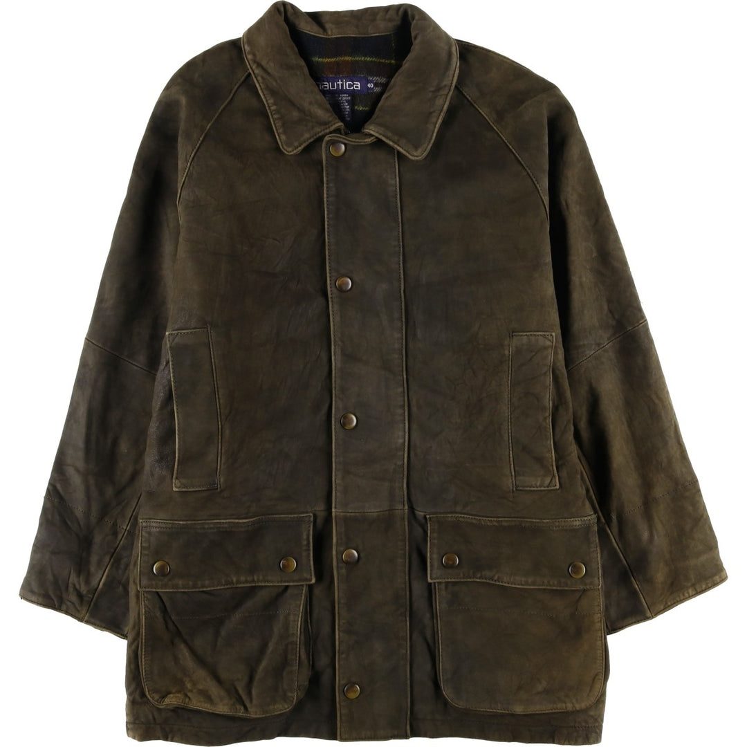 90'S Vintage Nautica Padded Leather Jacket, Men's Size L genuine leather brown type Vintage Second Hand