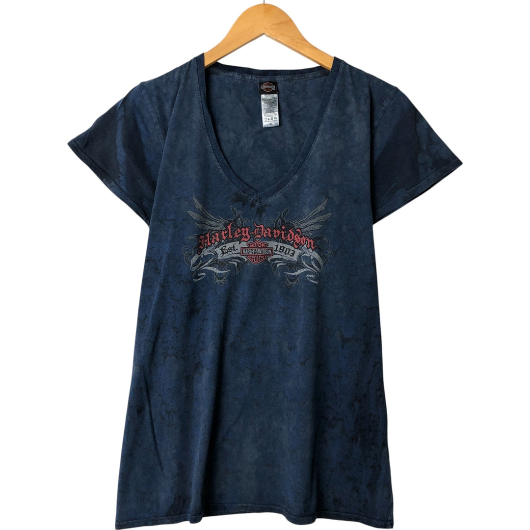 00'S Harley-Davidson All-over Print V-Neck Motorcycle Bike T-Shirt, Women's Size S cotton navy blue type Vintage Second Hand