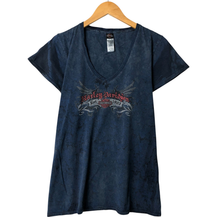 00'S Harley-Davidson All-over Print V-Neck Motorcycle Bike T-Shirt, Women's Size S cotton navy blue type Vintage Second Hand