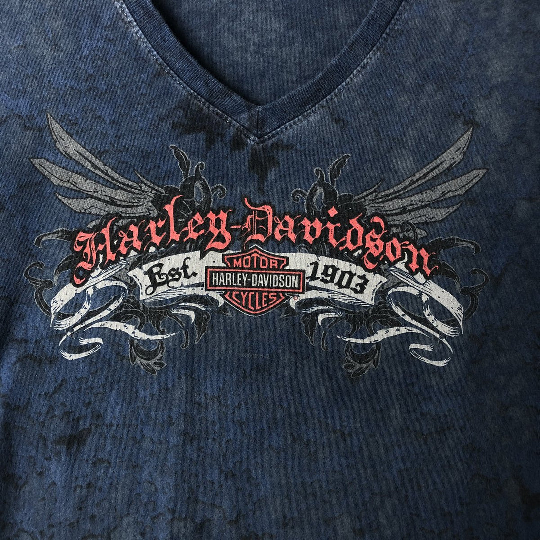 00'S Harley-Davidson All-over Print V-Neck Motorcycle Bike T-Shirt, Women's Size S cotton navy blue type Vintage Second Hand