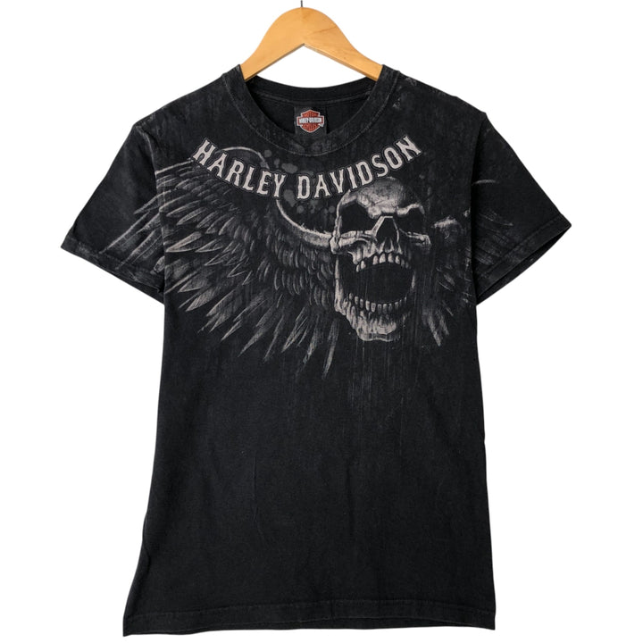 00'S Harley Davidson Skull Pattern Large Print Skull Wing Motorcycle Bike T-shirt Women's Size S cotton black type Vintage Second Hand