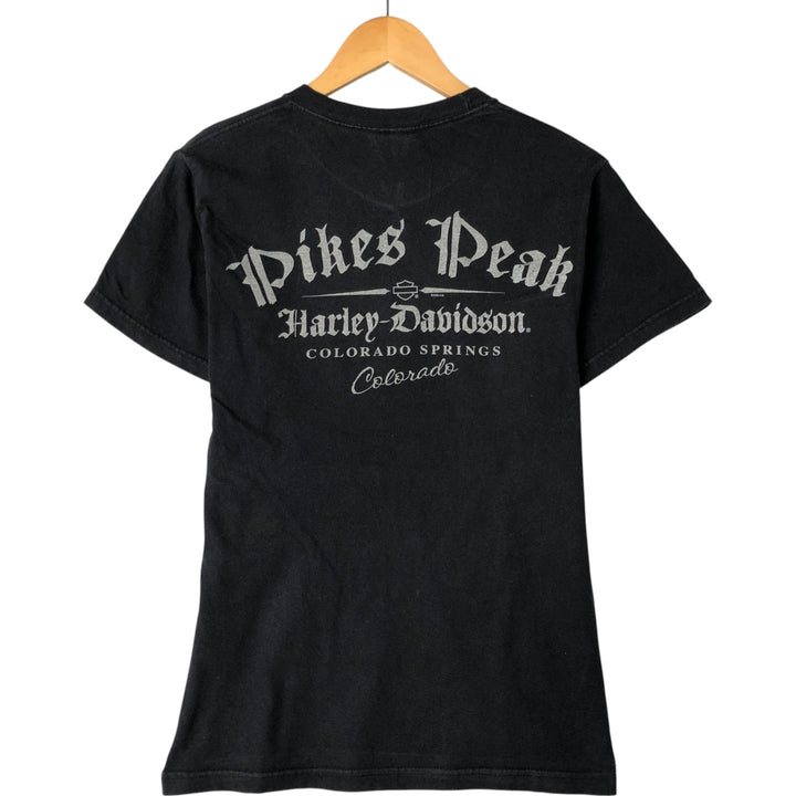 00'S Harley Davidson Skull Pattern Large Print Skull Wing Motorcycle Bike T-shirt Women's Size S cotton black type Vintage Second Hand