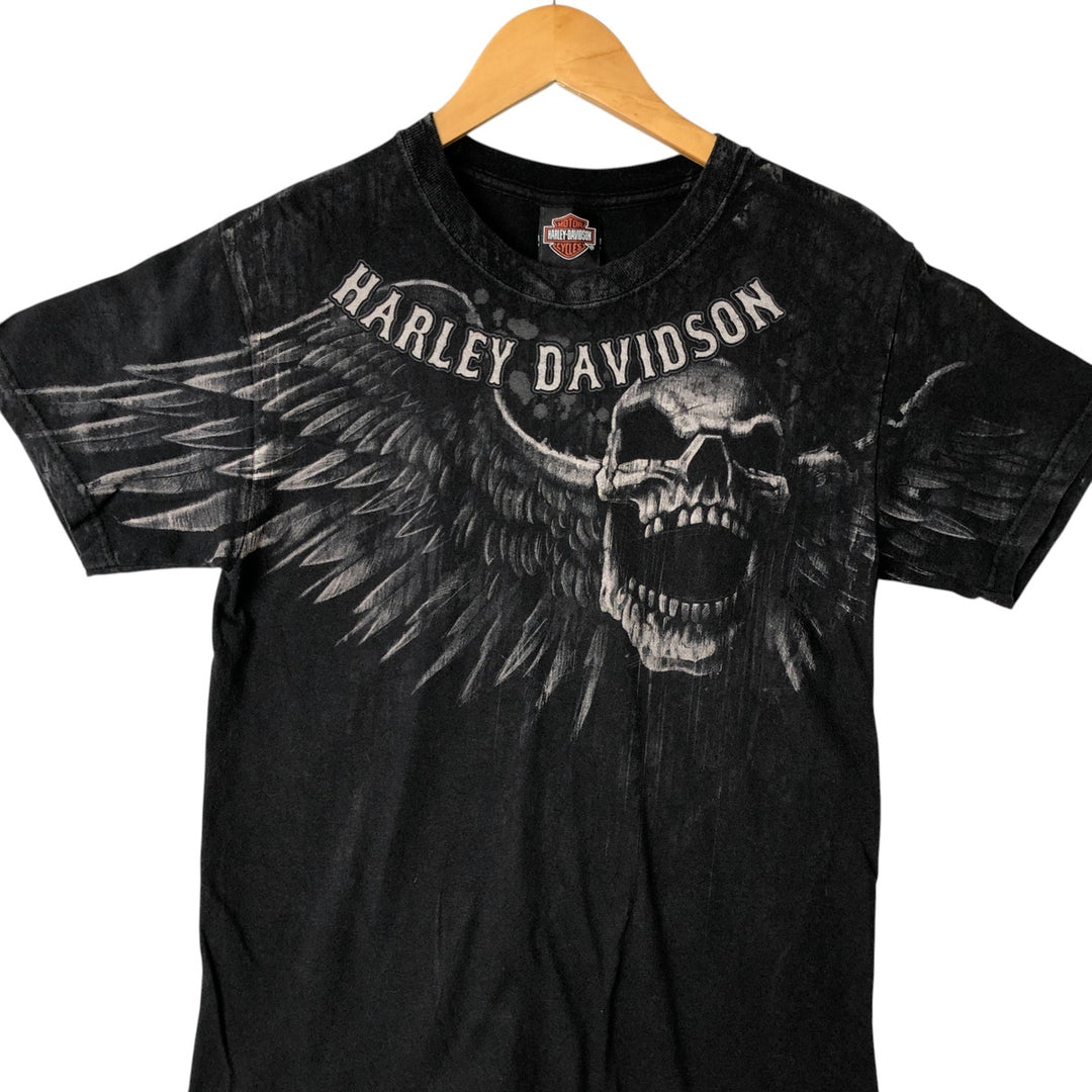 00'S Harley Davidson Skull Pattern Large Print Skull Wing Motorcycle Bike T-shirt Women's Size S cotton black type Vintage Second Hand