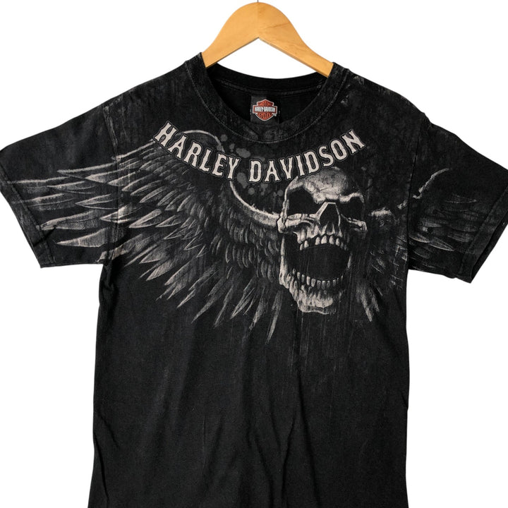 00'S Harley Davidson Skull Pattern Large Print Skull Wing Motorcycle Bike T-shirt Women's Size S cotton black type Vintage Second Hand