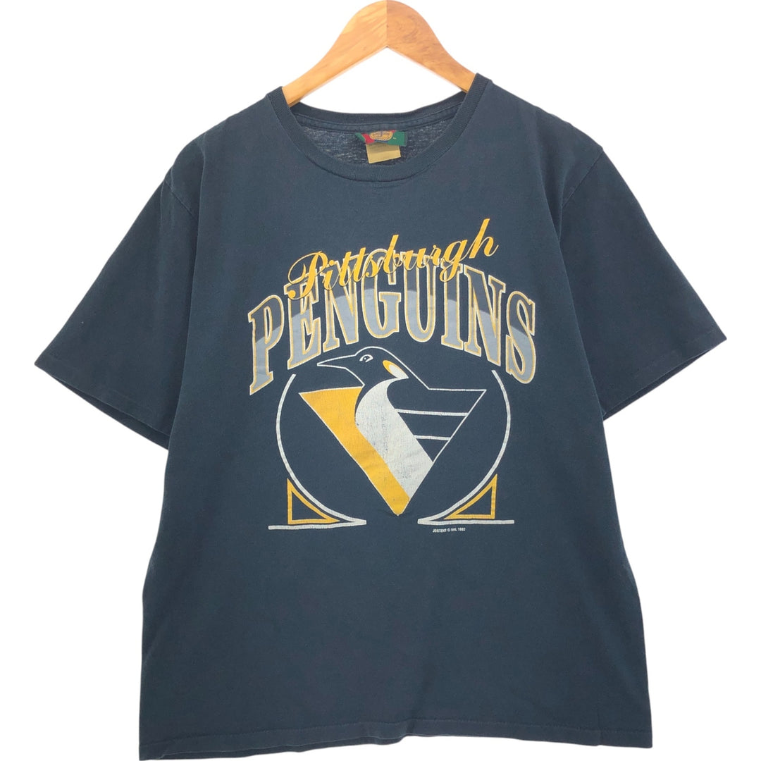 90'S JOSTENS NHL PITTSBURGH PENGUINS Pittsburgh Penguins logo print T-shirt Made in USA Men's L size Vintage cotton black type Vintage Second Hand