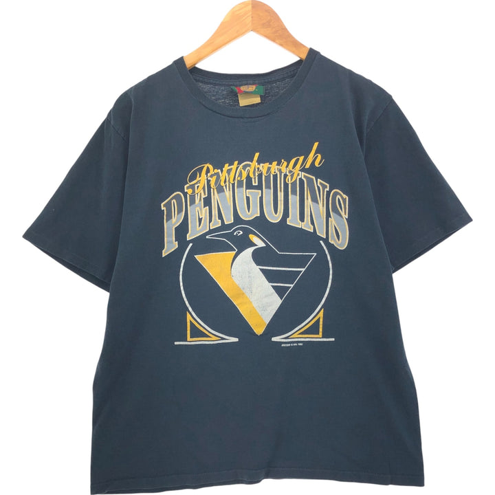 90'S JOSTENS NHL PITTSBURGH PENGUINS Pittsburgh Penguins logo print T-shirt Made in USA Men's L size Vintage cotton black type Vintage Second Hand