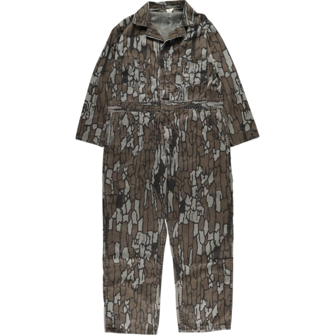 80s-90'S Camouflage Pattern Tree Bark Camo Long Sleeve All-in-One Jumpsuit Made in USA Men's M Size Vintage polyester Khaki type sage green Vintage Second Hand