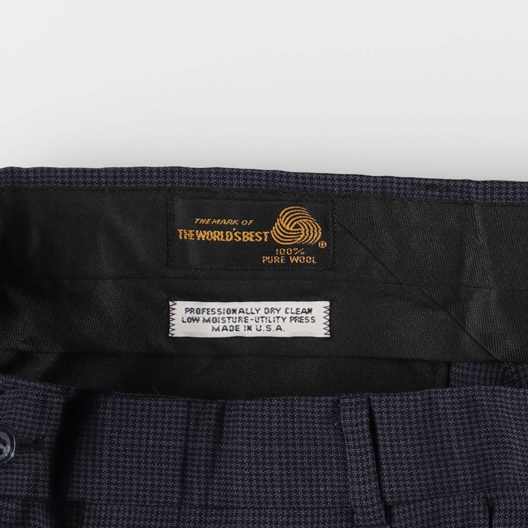 Houndstooth pattern two-pleat wool pants slacks, made in the USA, men's size W32 wool navy blue type Vintage Second Hand
