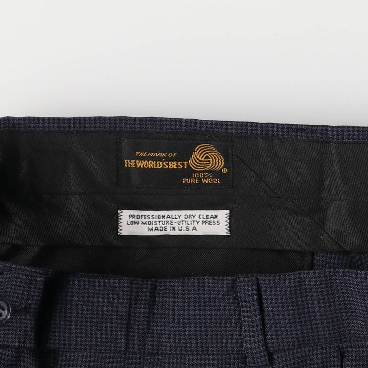 Houndstooth pattern two-pleat wool pants slacks, made in the USA, men's size W32 wool navy blue type Vintage Second Hand