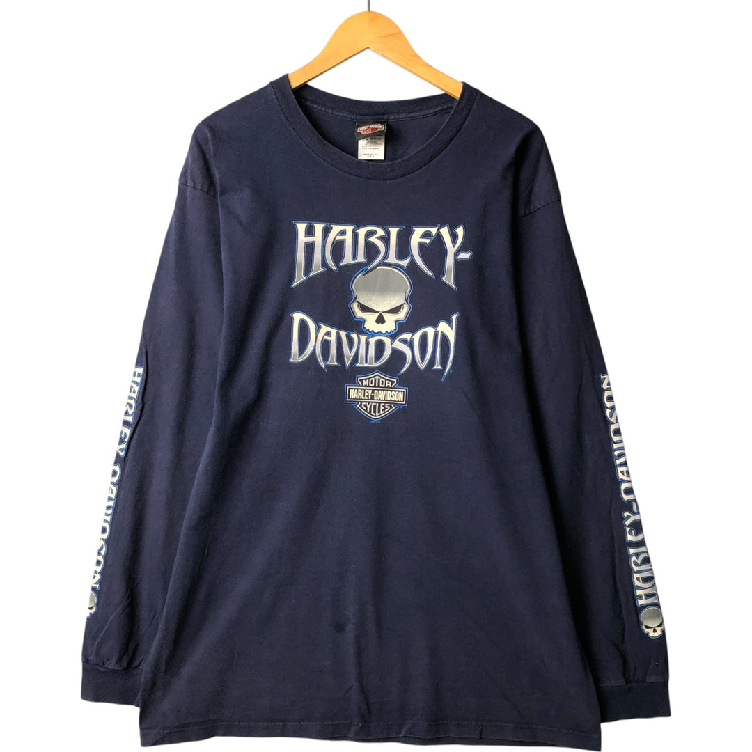 00'S Harley-Davidson Skull Pattern Long T-shirt Made in USA Men's XL cotton navy blue type Vintage Second Hand