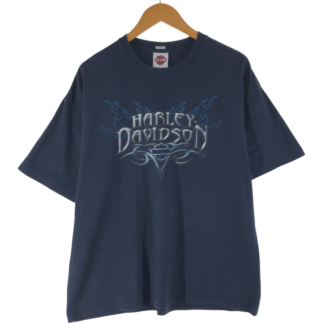 00'S Harley-Davidson Motorcycle Bike T-shirt Made in USA Men's XL Fire Pattern cotton navy blue type Vintage Second Hand